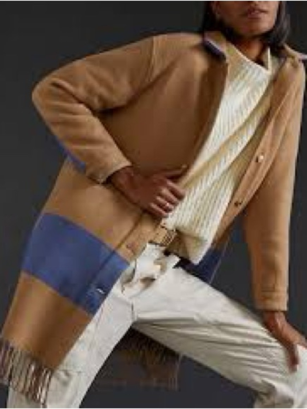 Vilagallo Anthropologie Fringed Colorblocked Wool Blend Coat Camel Blue 2 EU 36